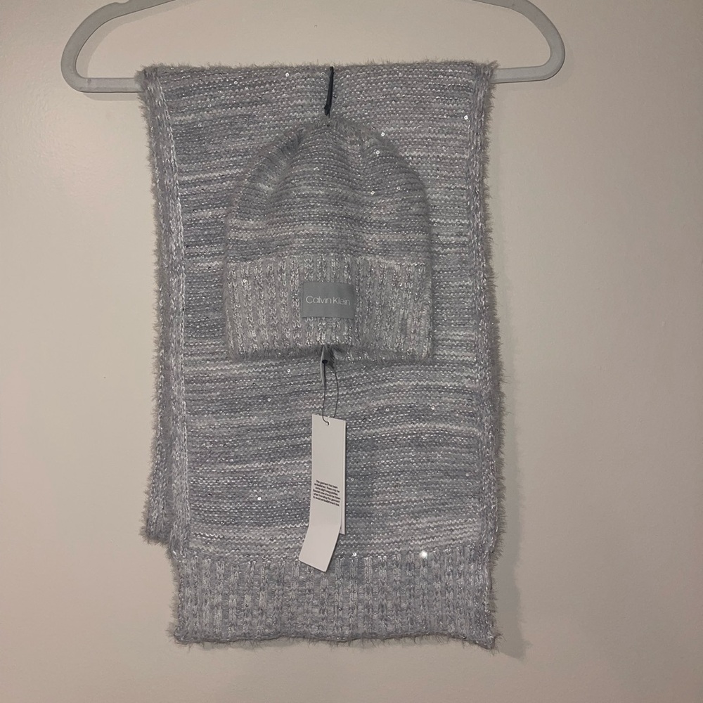 Calvin Klein Gray Knit Scarf and Beanie Set